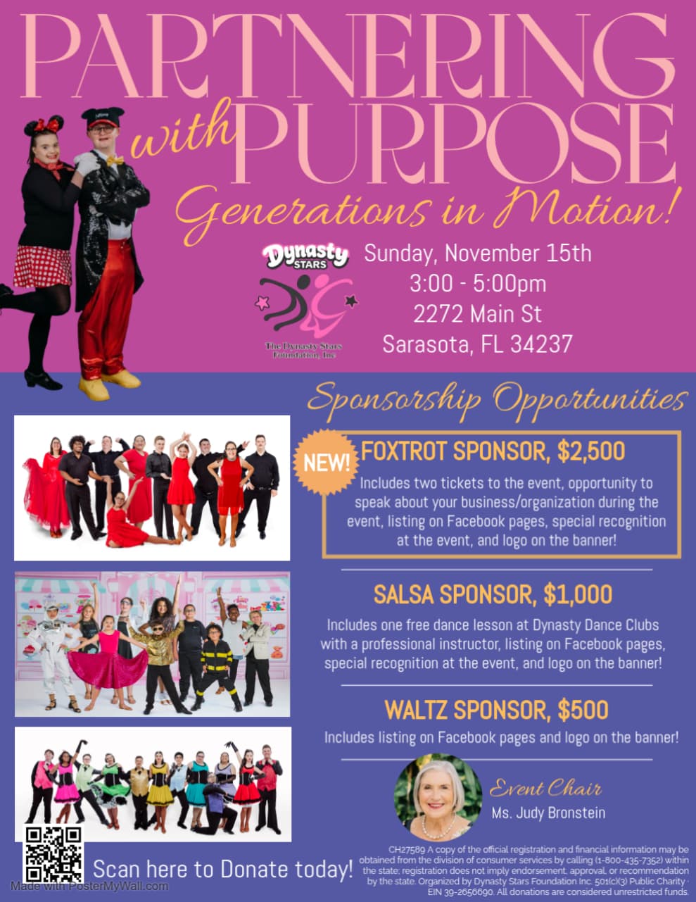 Partnering with Purpose sponsorship flyer with Foxtrot, Salsa, and Waltz sponsor levels