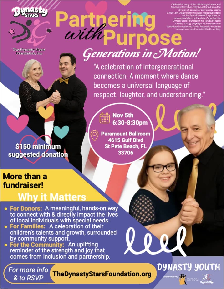 Partnering with Purpose St. Pete Beach flyer for November 5, 2026, from 6:30 to 8:30 PM at the Paramount Ballroom, 4615 Gulf Blvd, with a $150 minimum suggested donation