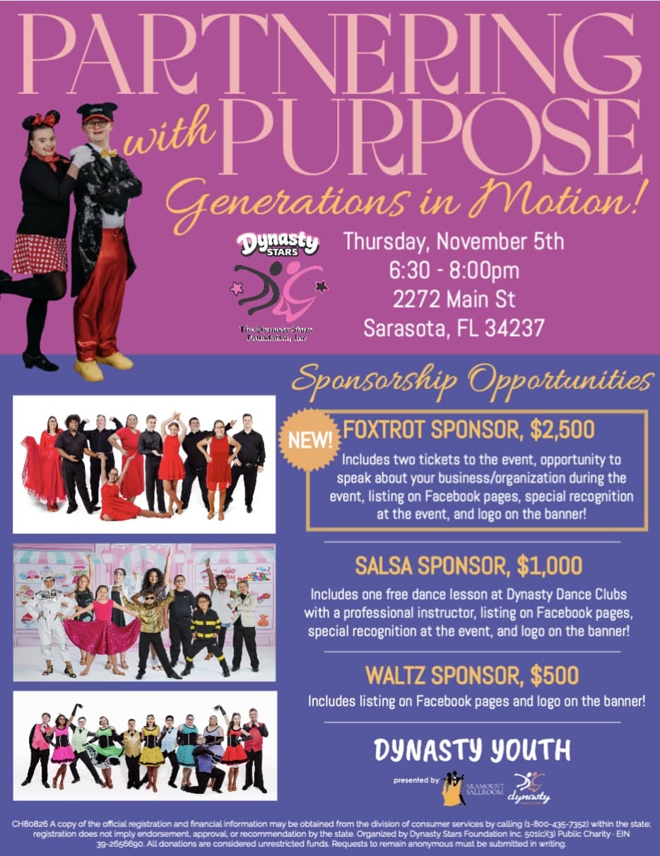 Partnering with Purpose sponsorship flyer with Foxtrot, Salsa, and Waltz sponsor levels for the November 5, 2026 event